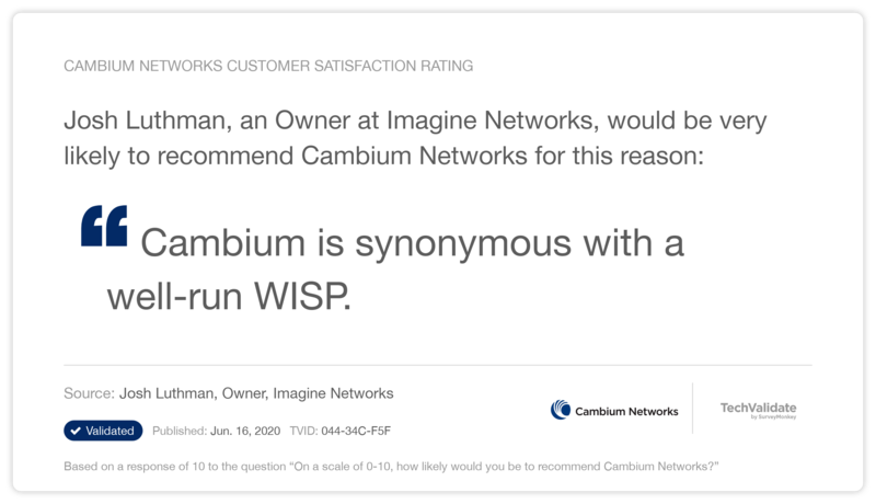 Josh Luthman是Imagine Networks的所有者，他很可能推荐Cambium Networks:“Cambium是运行良好的WISP的同义188宝金博怎么下载词。”- TechValidate从2020年4月开始的调查